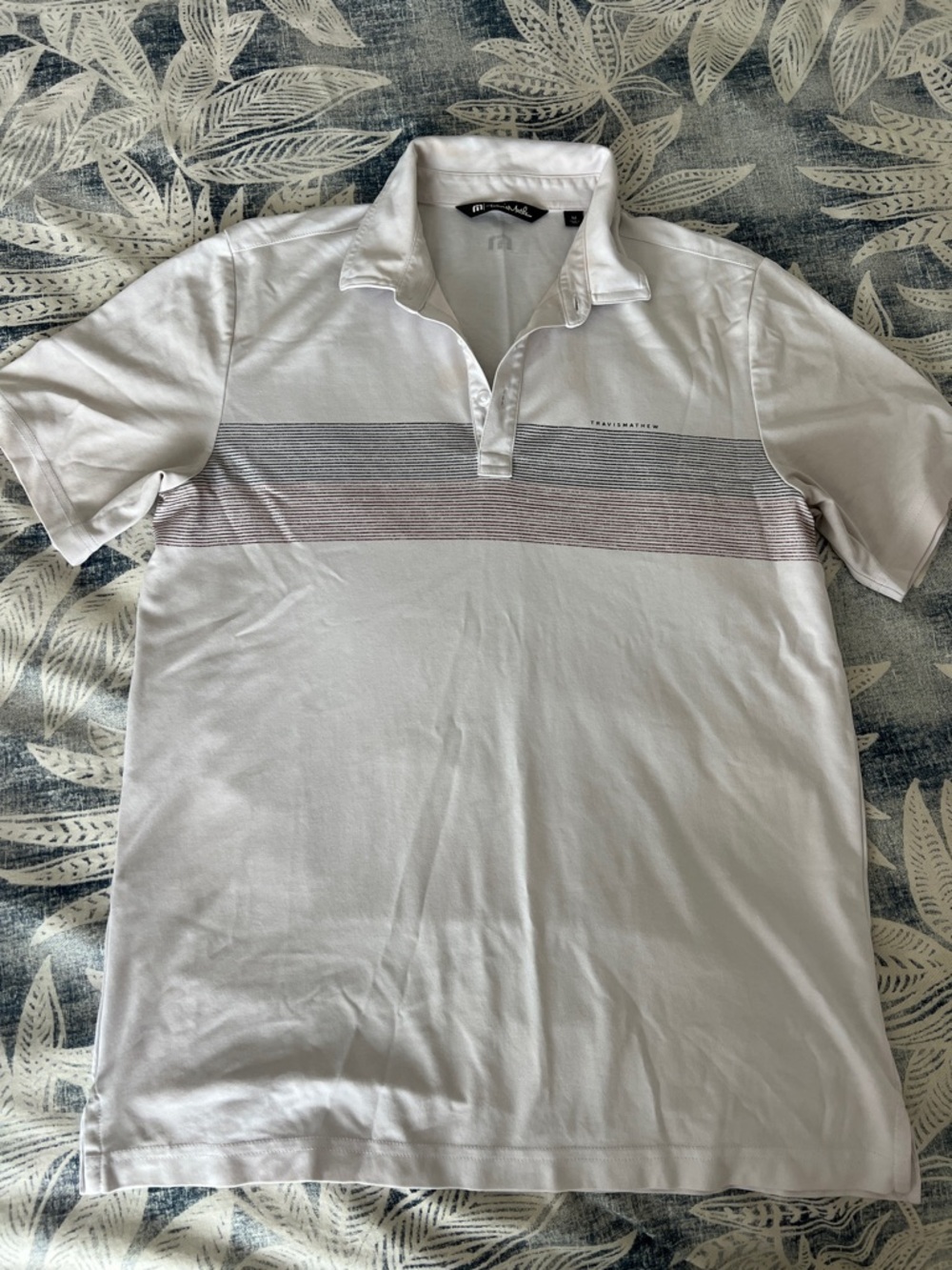 Travis Mathew Men’s Golf Shirt White Polo with Gray and Maroon Stripe, medium